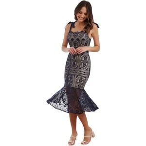 Two Sisters the Label Reneylla Midi Dress Navy‎ Crochet Trumpet Tie Strap Size 4